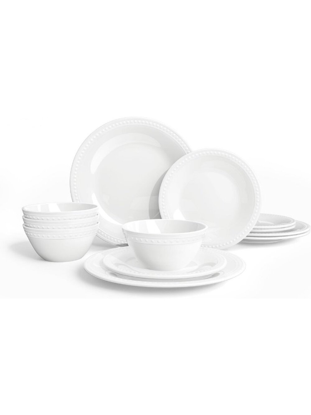 Elegant White Beaded Melamine Dinnerware Set, 12 Pieces - Unbreakable & BPA Free